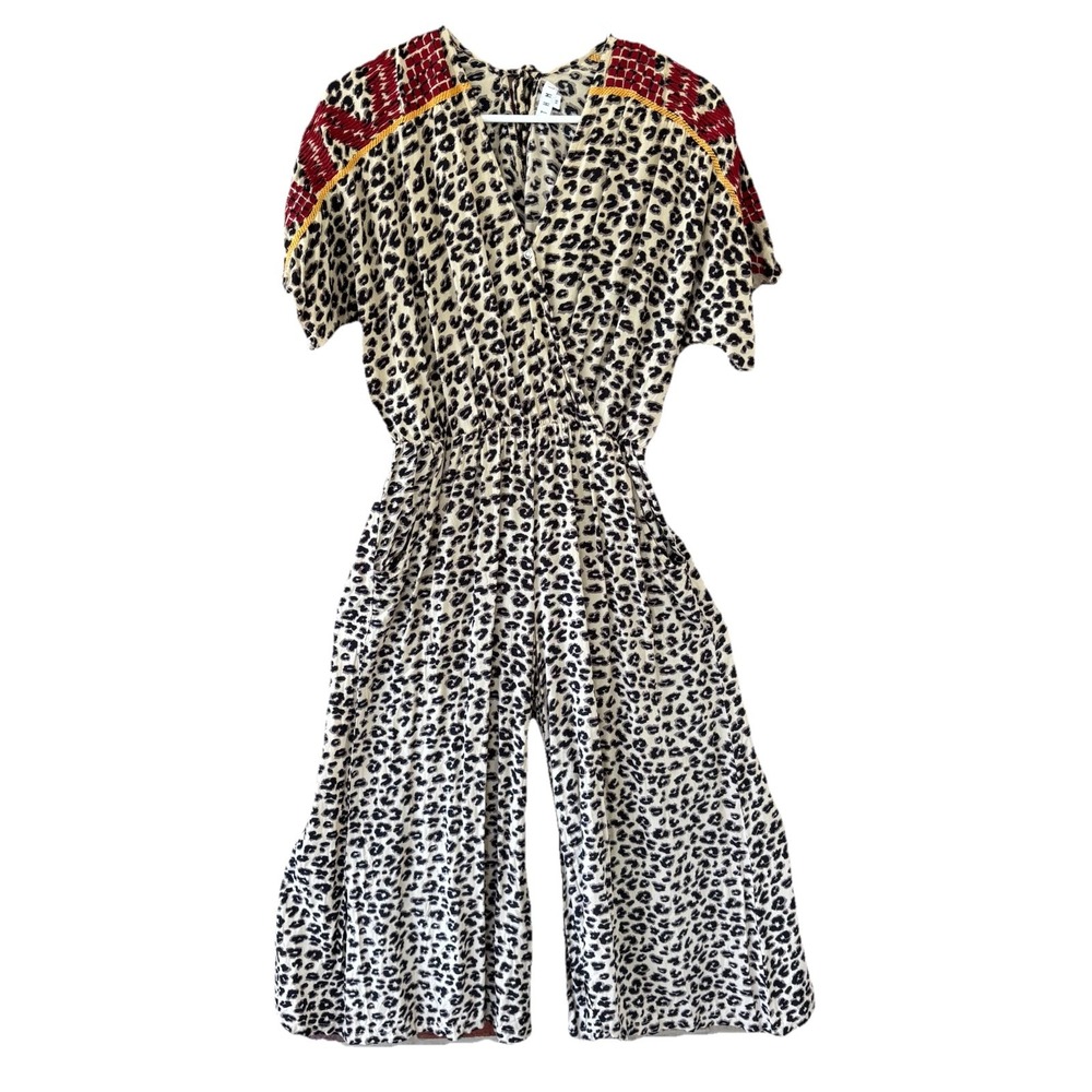 THML Leopard Print Wide Cropped Leg Jumpsuit Size XS Embroidered Tassels Cheetah